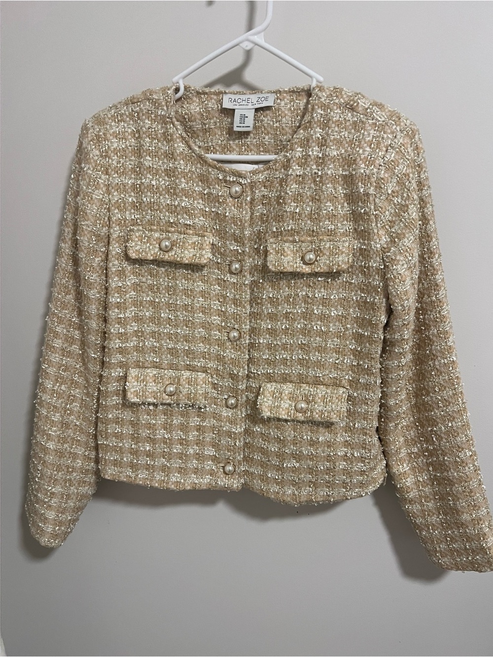 Rachel Zoe Cream Tweed Pearl-Button Jacket. Medium. Functional pockets.